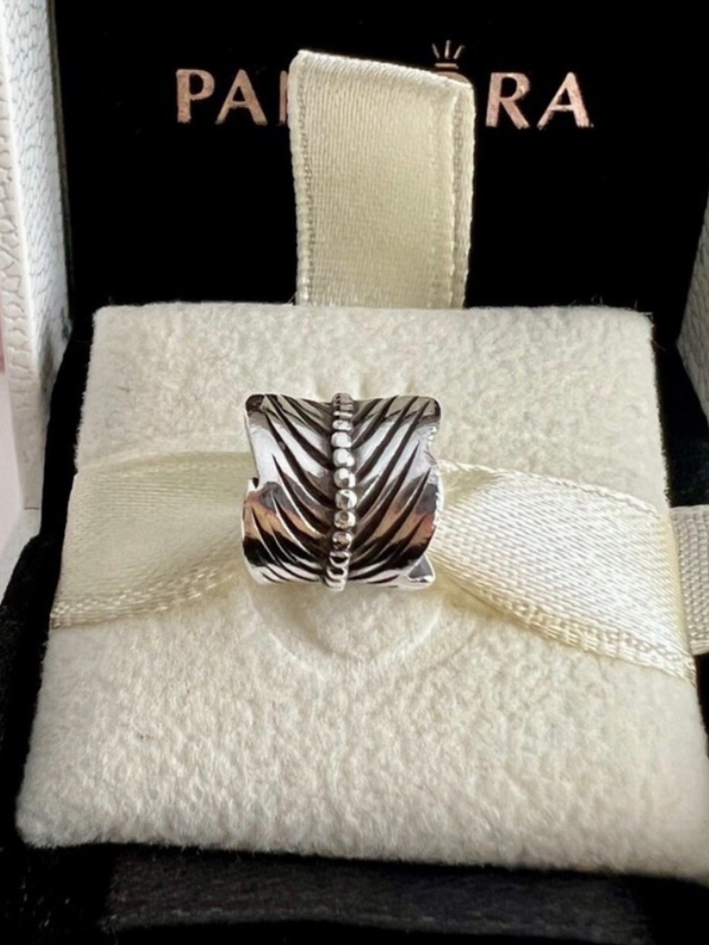 Pandora Silver Textured Feather Barrel Charm - Silver